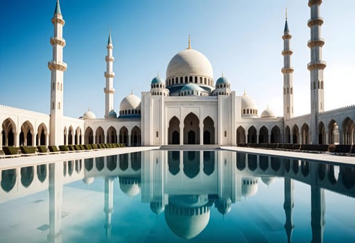 AI generated of a mosque with a reflection of the sky and the reflection of the building in the water