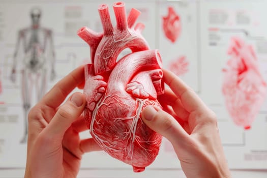 Hands holding heart model, close-up view. Teacher demonstrating part of human body model with organ system for health student study in university. AI generated