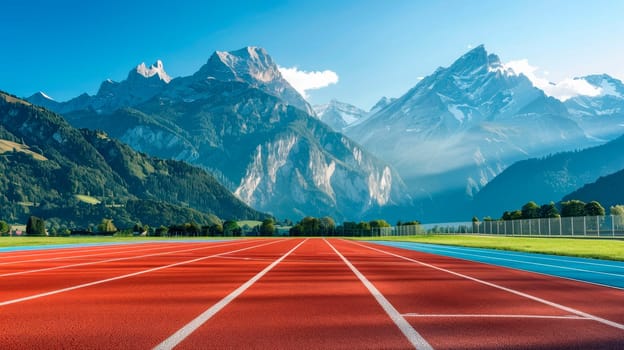 Empty red running track, on background mountain peaks are visible. Healthy life concept. AI generated