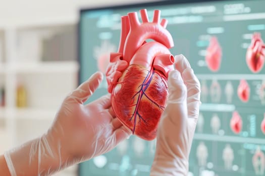 Doctor holding heart model, close-up view. Teacher demonstrating part of human body model with organ system for health student study in university. AI generated
