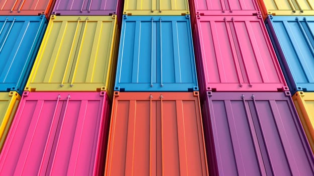 Stack of colorful containers box cargo in port shipping yard.Containers front view, logistic import export goods of freight carrier and transport industry concept. AI generated