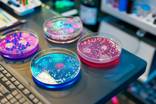 Petri dishes with color bacteria and virus on a laboratory desk. Microbiology research concept. AI generated