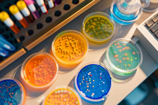 Petri dishes with color bacteria and virus on a laboratory desk. Microbiology research concept. AI generated