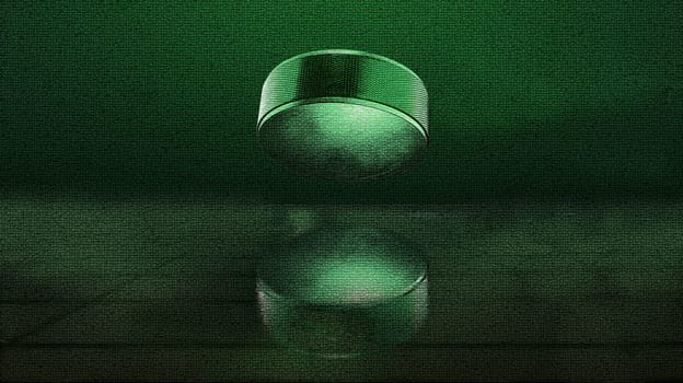 Abstract flying green hockey puck with its reflection