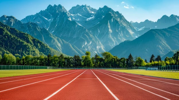 Empty red running track, on background mountain peaks are visible. Healthy life concept. AI generated