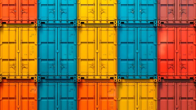 Stack of colorful containers box cargo in port shipping yard.Containers front view, logistic import export goods of freight carrier and transport industry concept. AI generated