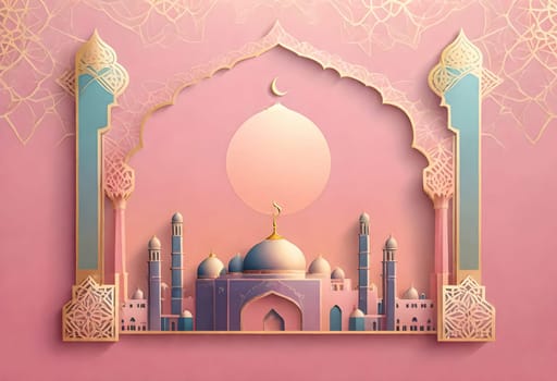 AI generated of a paper art of a mosque with a pink background and a blue mosque in the middle