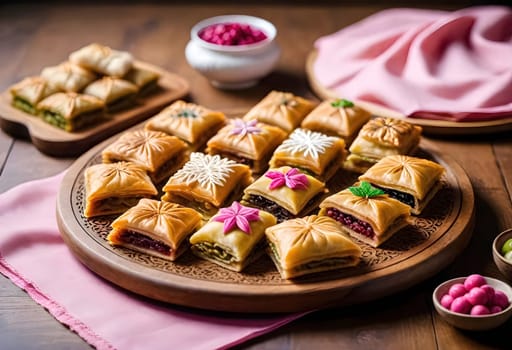 AI generated of a tray of food with a pink bow on it for eid al adha festive