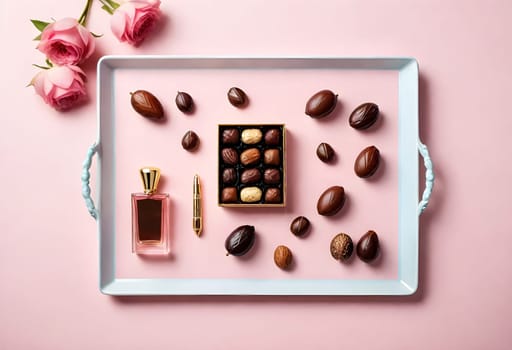 AI generated of a tray of chocolates and kurmas on a pink background