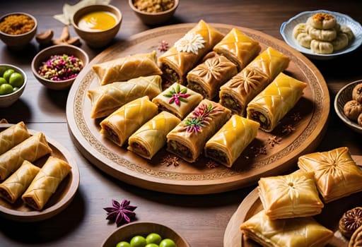 AI generated of a group of foods on the plate on a table setting for eid al adha festive