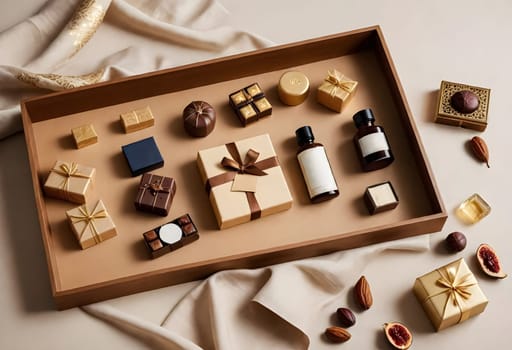 AI generated of a wooden box with some chocolates and some other items