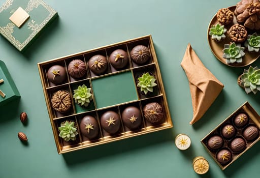AI generated of a box with chocolates on it on green background with plants and other things