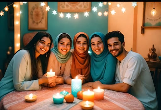 AI generated of a group of people pose for a photo with candles in front of them in eid al adha celebration