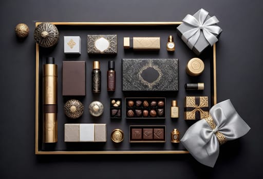 AI generated of a tray with a box of chocolates and a white bow, and a group of gift sets on black background