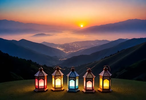 AI generated of a group of lanterns with the sun setting behind them