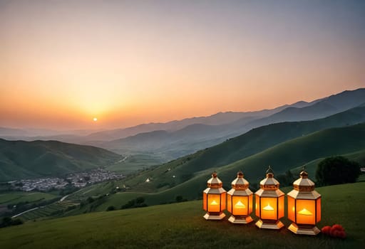 AI generated of a row of lanterns with the sunset in the background