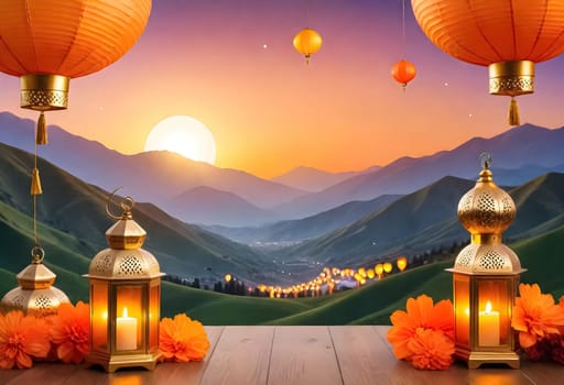 AI generated of a photo of lanterns with orange flowers next to it and a sunset on the sky with mountain background