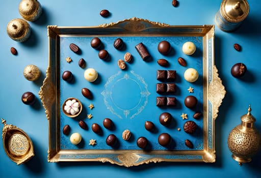 AI generated of a square tray of chocolates and kurmas are on a blue surface, surrounded by arabic ornaments