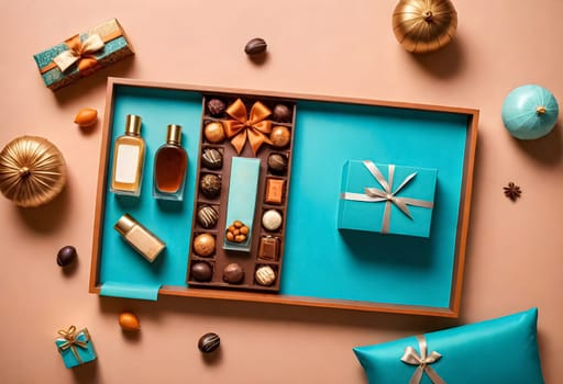 AI generated of a box of chocolates with body and bath care products on a brown background with arabic ornaments