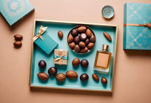 AI generated of a tray of kurmas with a box of kurmas on a brown table
