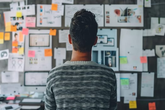 A man standing in front of a colorful wall covered in sticky notes, contemplating and organizing his thoughts.