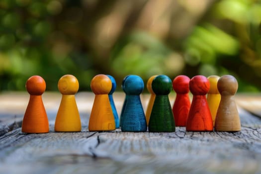 A diverse group of wooden toy people standing in unity, showcasing unity and solidarity.