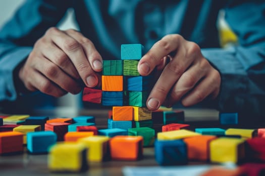 A man meticulously building structures with wooden blocks on a table, showcasing creativity and precision.