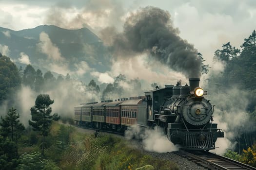 A majestic train travels along the winding tracks next to a lush green forest, creating a magical and scenic view.