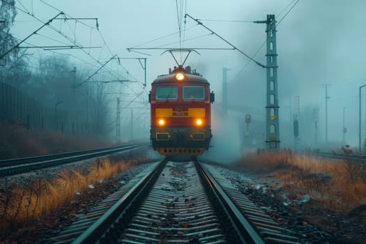 A vibrant red train winds its way down railroad tracks next to a lush forest, showcasing the beautiful harmony between manmade and natural landscapes.
