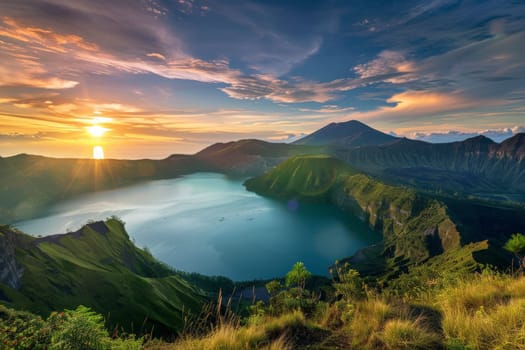 The sun sinks below the horizon, casting a warm golden light over a serene lake nestled in the mountains.