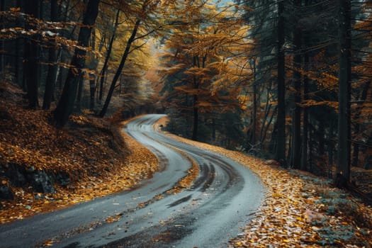 A winding road cuts through a dense forest, twisting and turning amidst tall trees and lush greenery, providing a mystical and enchanting journey.