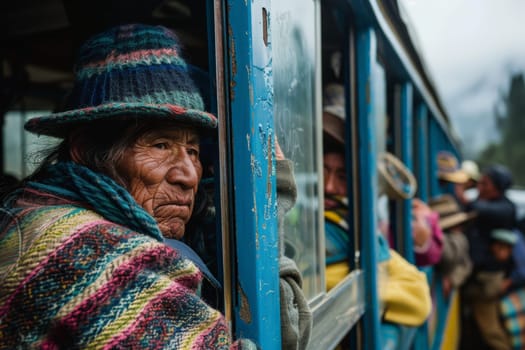 A pensive lady gazes out from a weathered train, adorned in cultural garments on a misty morning.