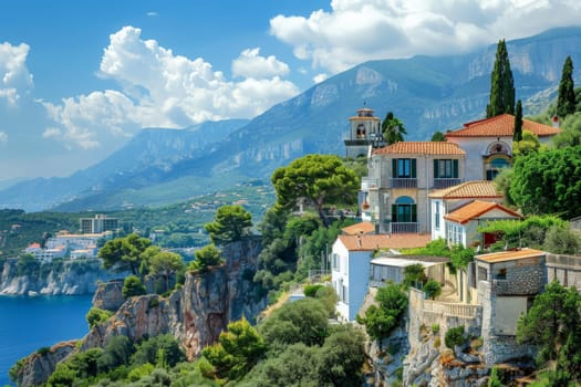 Cliff-edge houses bask under the blue sky, with the ocean stretching into the horizon.