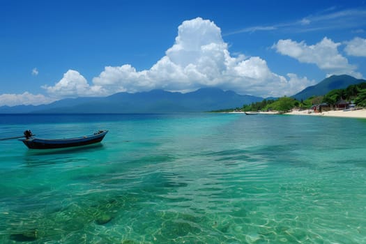 A solitary boat drifts peacefully on calm waters, reflecting the clear blue sky above.