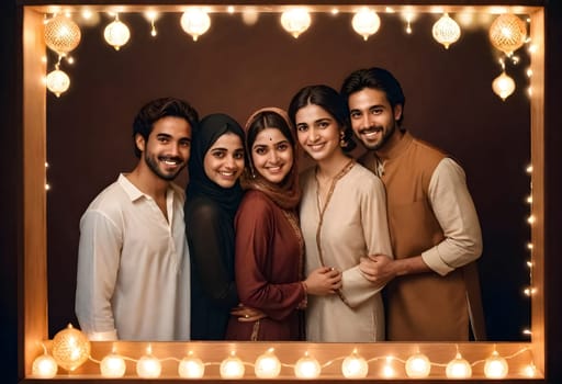 AI generated of a group of people posing for a photo with lights around them
