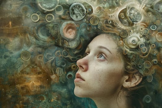 A woman with curly hair adorned with bubbles, creating a whimsical and dreamlike atmosphere.