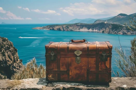 A lone brown suitcase rests on the edge of a cliff, symbolizing a journey filled with uncertainty and endless possibilities.