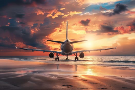 A serene sunset with an airplane ready for takeoff on a beach, casting reflections on wet sand.