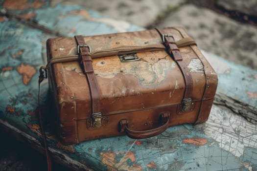 An old leather suitcase rests on a map, suggesting tales of past travels and adventures unknown.
