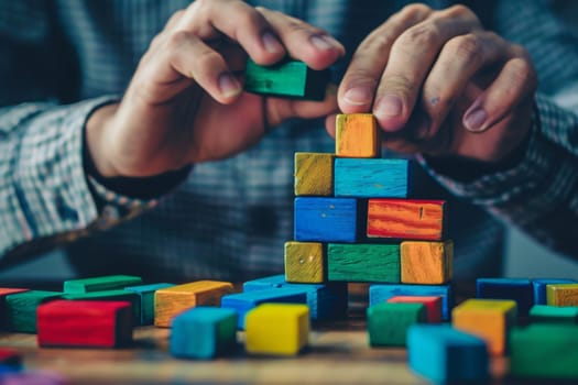 A man creatively building structures with wooden blocks on a table.