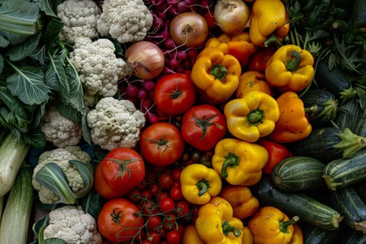 Colorful assortment of farm-fresh vegetables arranged in a display, showcasing the bounty of the harvest season.