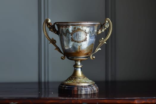 A magical silver cup glistens on top of a rustic wooden table, emanating an aura of mystical charm.