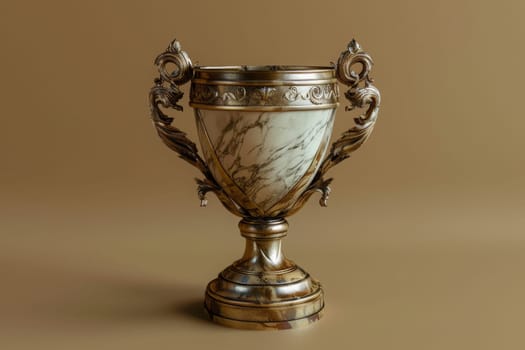 A shining golden trophy with a luxurious marble finish, elegantly presented on a rich brown background.
