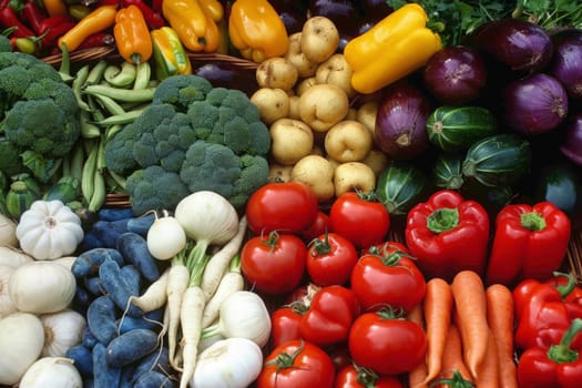 A colorful array of assorted vegetables is artfully arranged on a display, showcasing their freshness and variety.