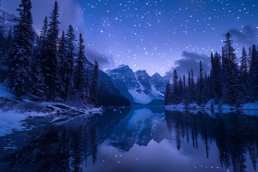 A tranquil lake reflects the shimmering stars as snowy mountains tower above under a peaceful night sky.