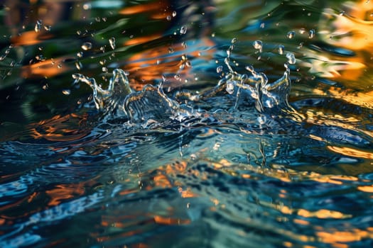 Water droplets soaring gracefully into the air, backlit by the warm hues of a setting sun.