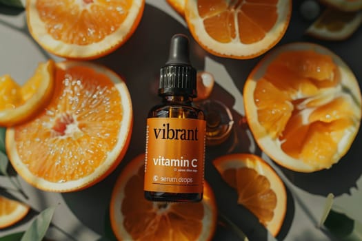 A bottle of Vitamin C serum rests on a bed of fresh orange slices, basking in soft sunlight.