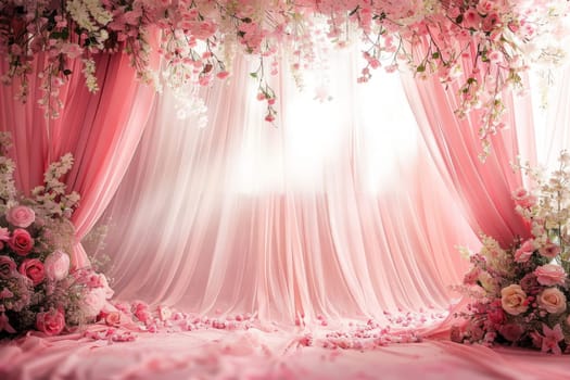 A romantic wedding backdrop bathed in soft light, flanked by lush flowers and elegant drapery.