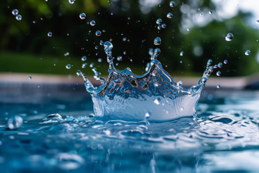 A serene pool is momentarily disturbed as a water splash forms an intricate crown, creating a dance of droplets against a blurred green backdrop.