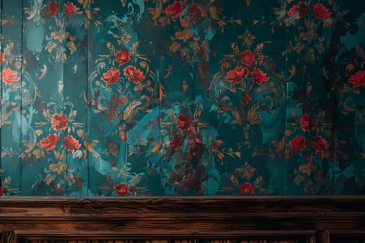 A wooden bench adorned with vibrant floral wallpaper, creating a serene and whimsical atmosphere.